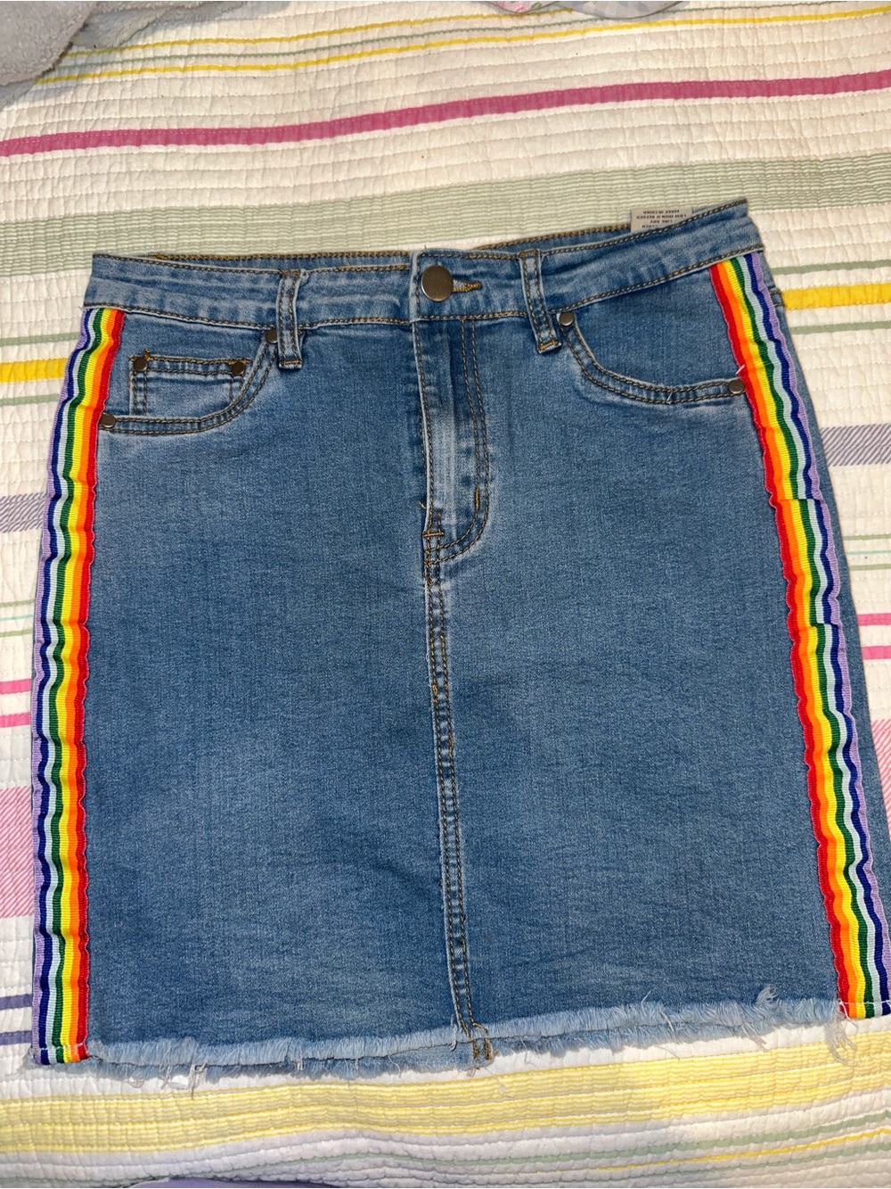Forever 21 Blue Denim Mini Skirt with Rainbow Side Trim